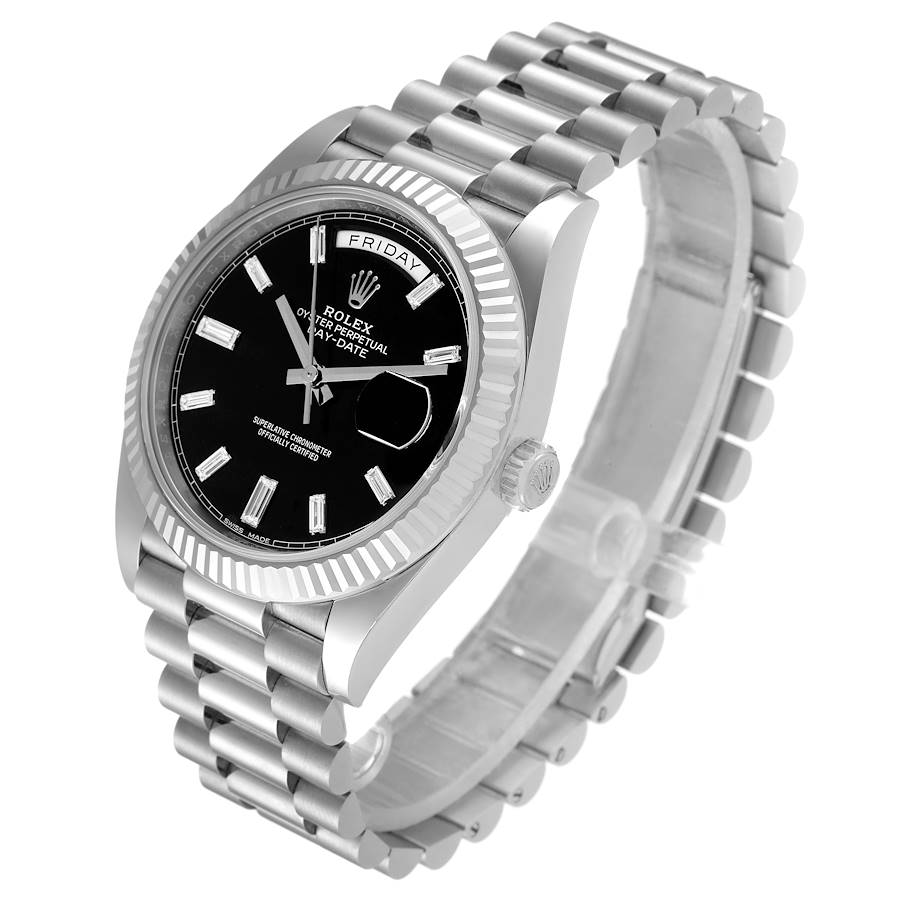 White Rolex Chain Strap Watch with Black Dial and Day Display