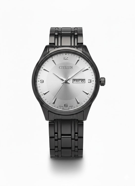 Citizen analog watch with silver dial and day date display