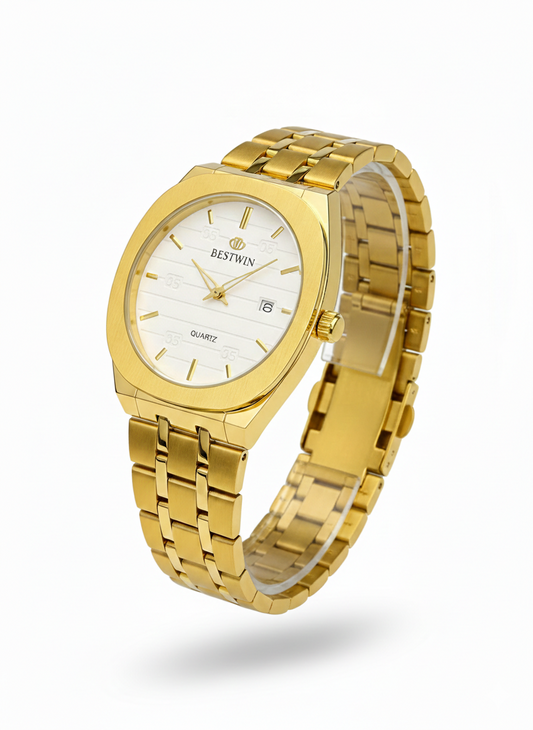 Bestwin gold-tone watch with white dial and date window – front view on wrist