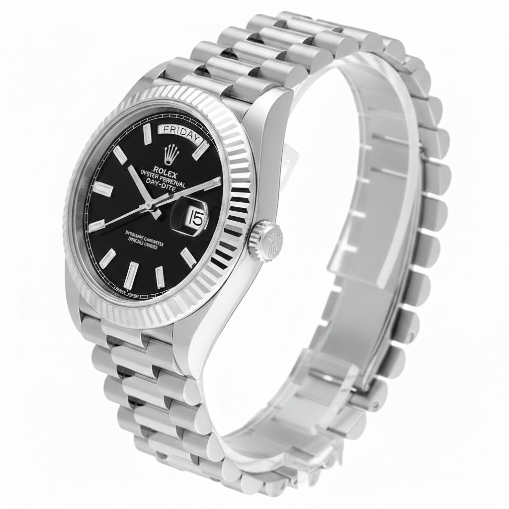 White Rolex Chain Strap Watch with Black Dial and Day Display