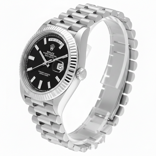 White Rolex Chain Strap Watch with Black Dial and Day Display