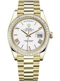 Rolex golden analog watch with day and date display