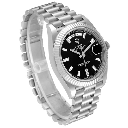 White Rolex Chain Strap Watch with Black Dial and Day Display