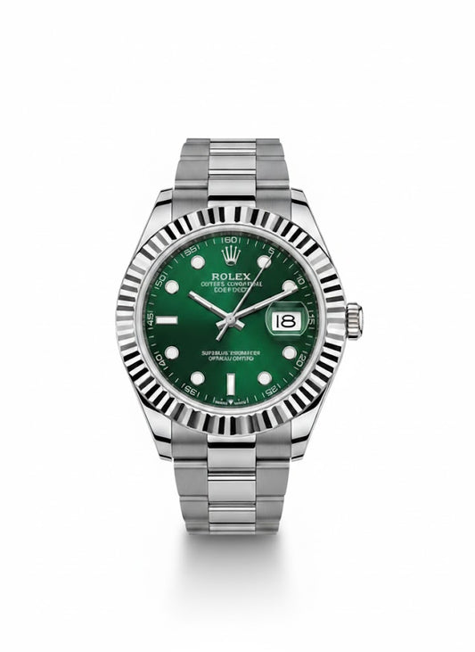  Side profile of the Rolex Datejust Green Dial featuring Oyster case and Jubilee bracelet.