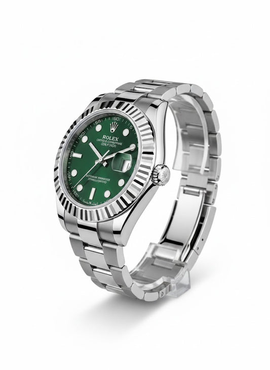 Rolex Oyster Perpetual Datejust Green Dial watch showing full front view with sunray green dial and fluted bezel.