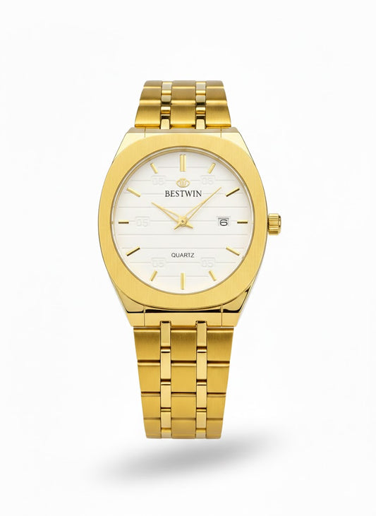 Close-up of Bestwin white dial gold watch showing date display and sleek hour markers